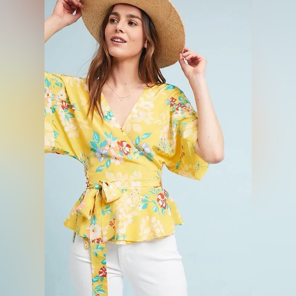 ANTHROPOLOGIE SILK TOP YUMI KIM SILK FLORAL PRINT WRAP TOP SIZE XS